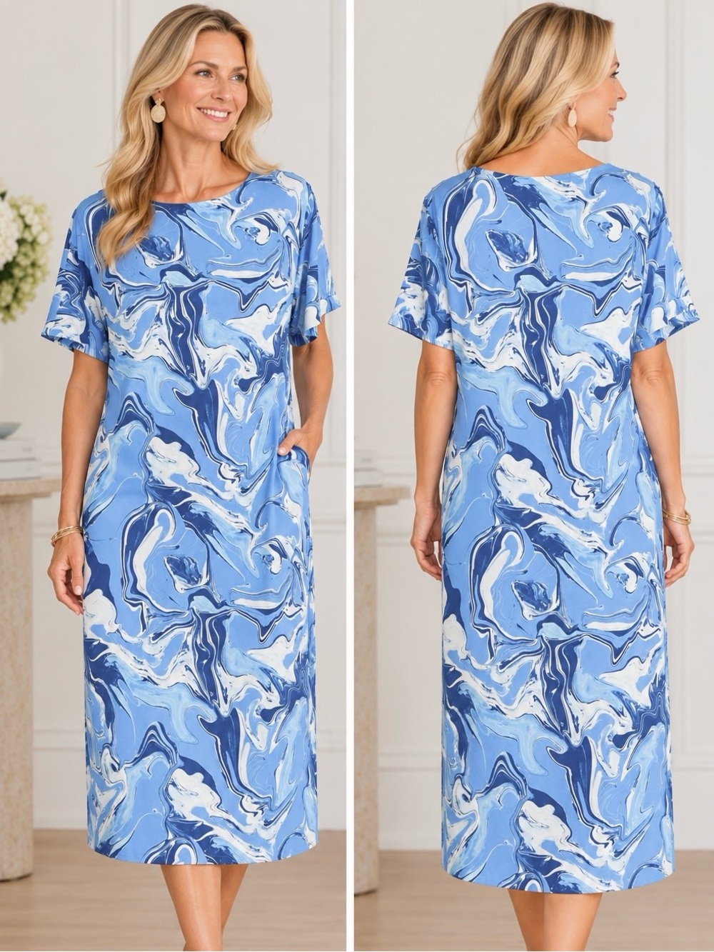 Chico's Blue Marble-Painted Stone Midi Dress